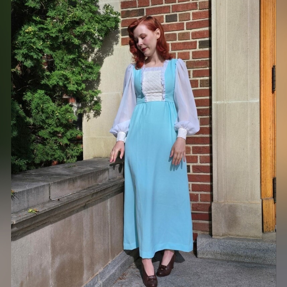 Vintage 1970 Teen Trend White Chiffon + Aqua textured polyester Maxi Dress